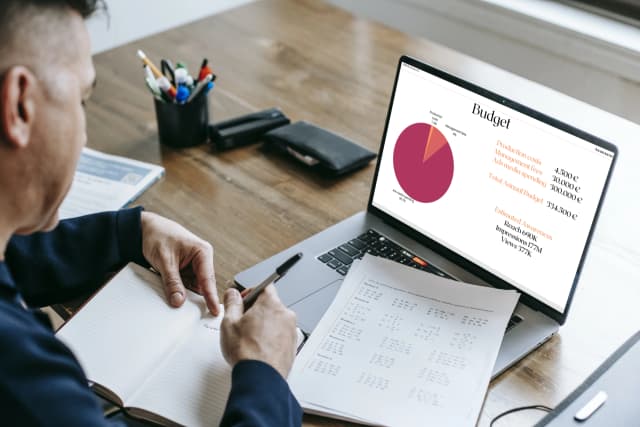 Professional reviewing a digital advertising budget and media plan on a laptop.