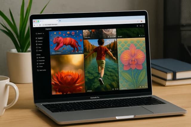 Laptop displaying AI-generated videos on Sora